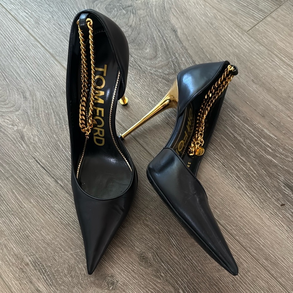 Tom Ford Black Leather Heels with Gold Chain link